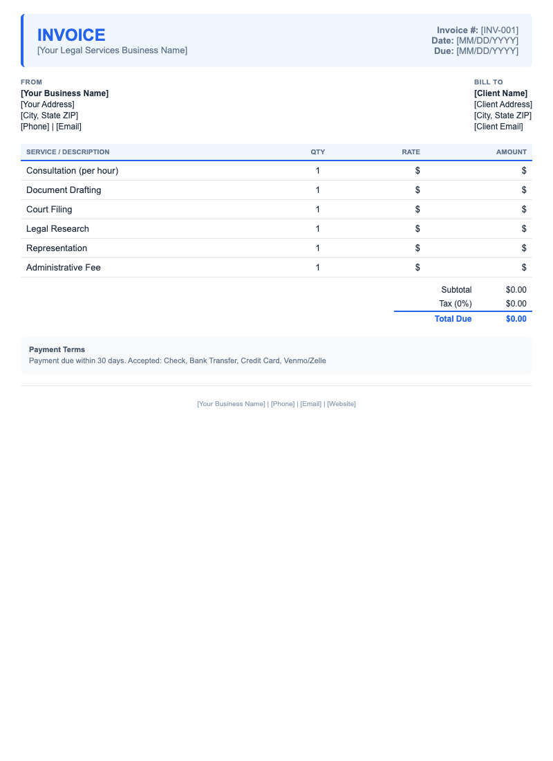 Modern Invoice Template for Legal Services