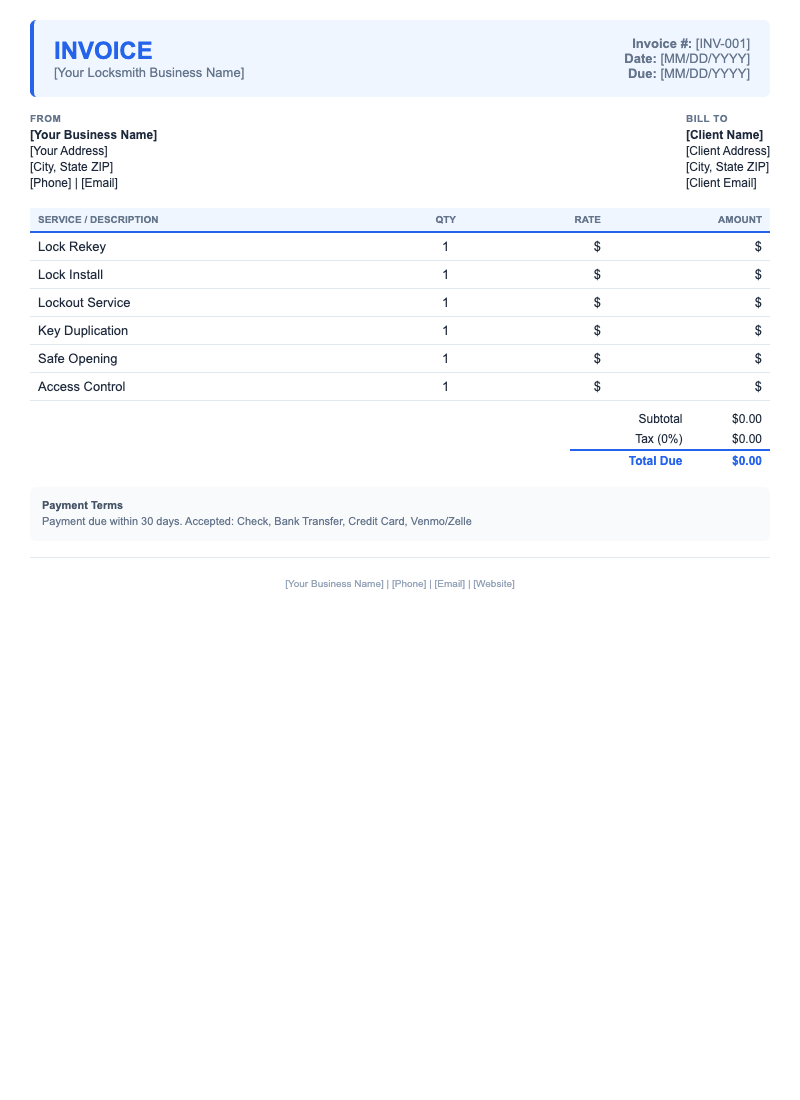Modern Invoice Template for Locksmith