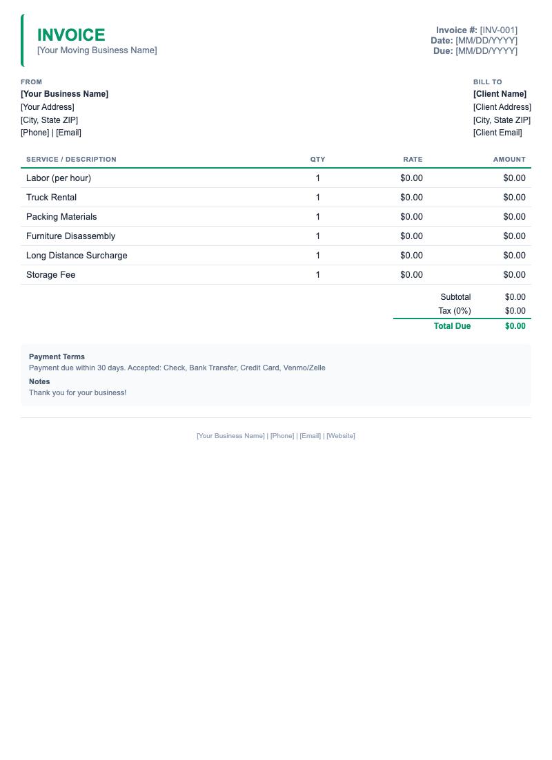 Minimal Invoice Template for Moving
