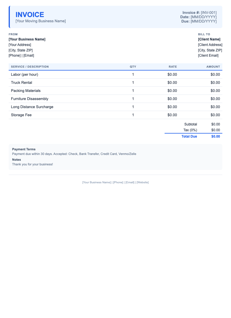 Modern Invoice Template for Moving