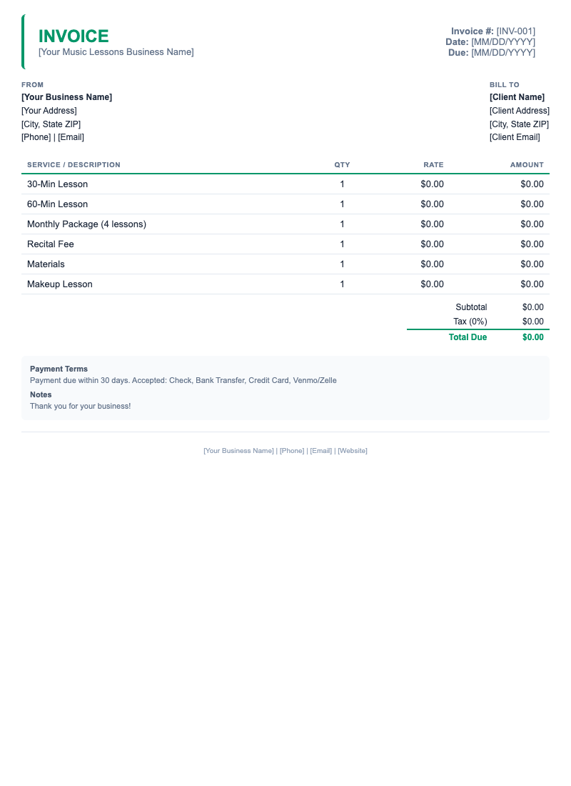 Minimal Invoice Template for Music Lessons