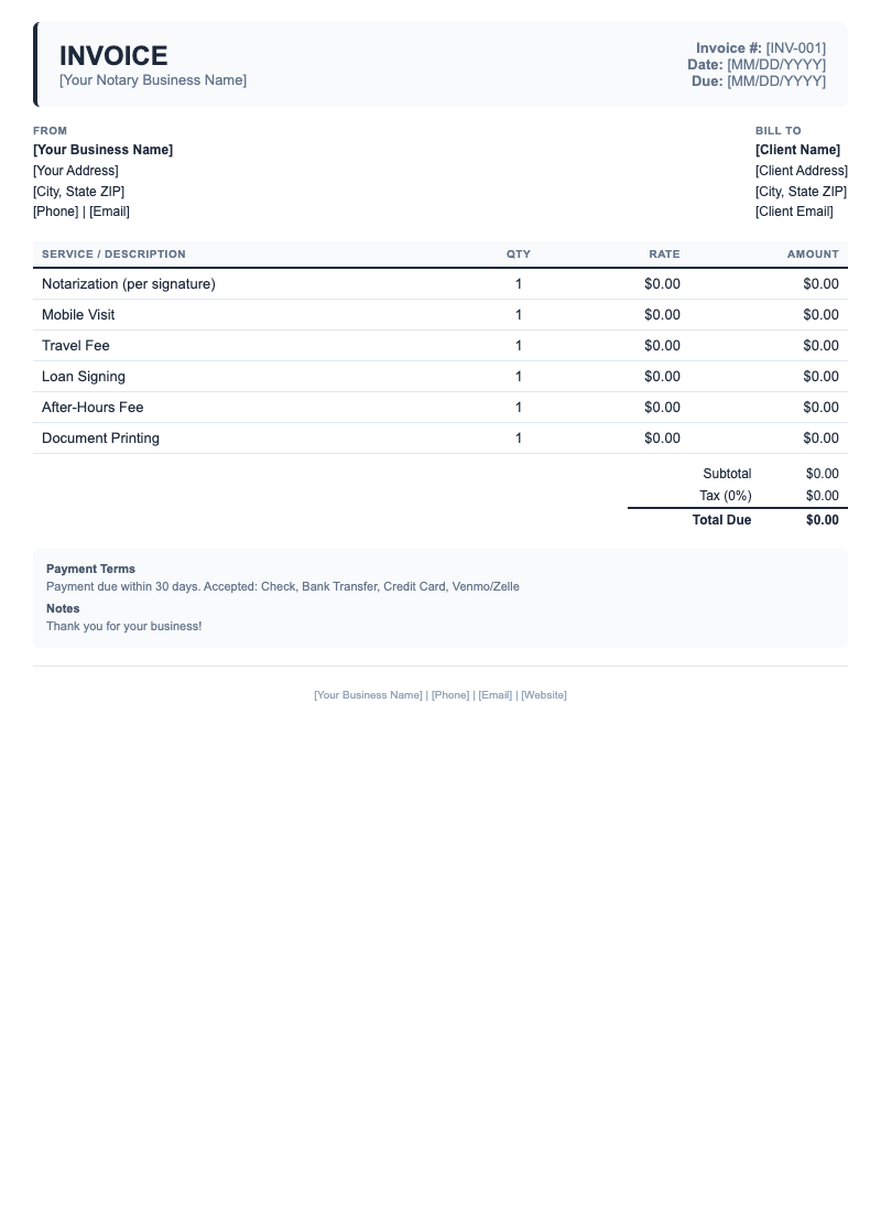 Classic Invoice Template for Notary