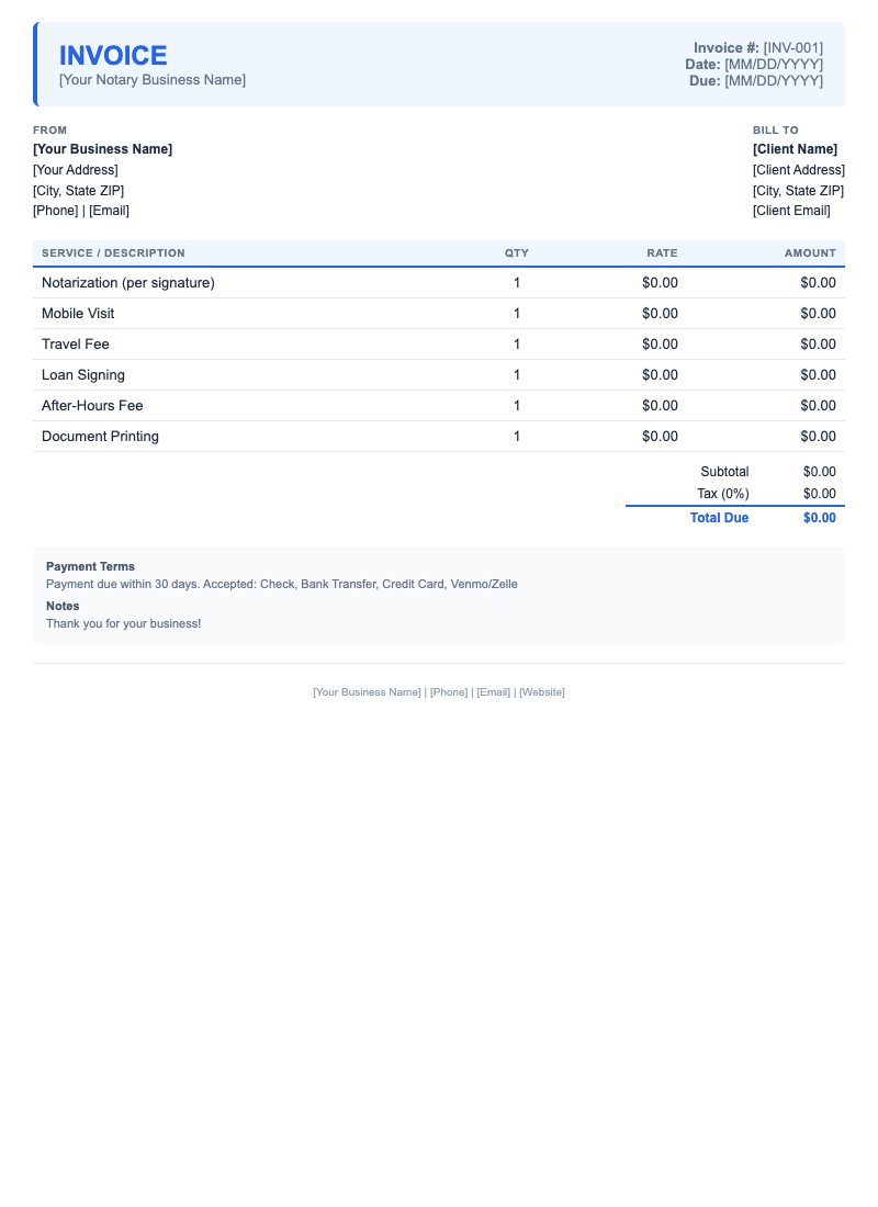 Modern Invoice Template for Notary