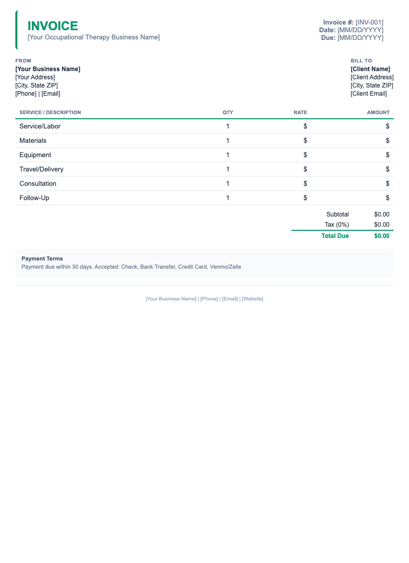 Minimal Invoice Template for Occupational Therapy