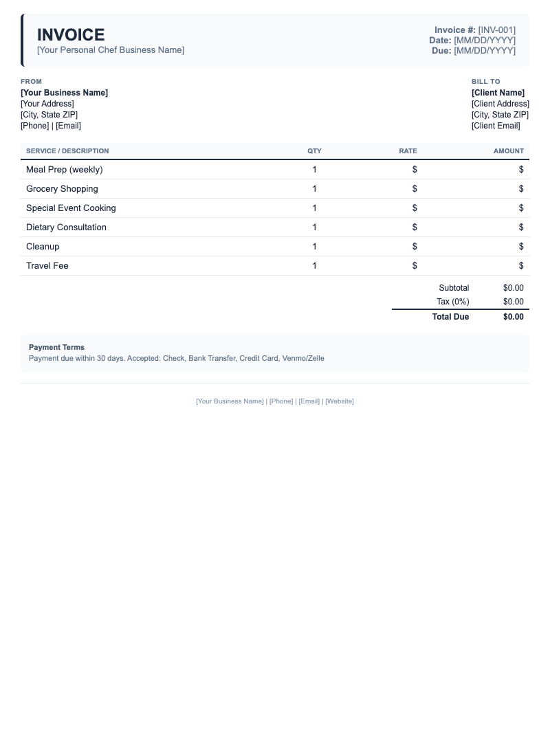 Classic Invoice Template for Personal Chef