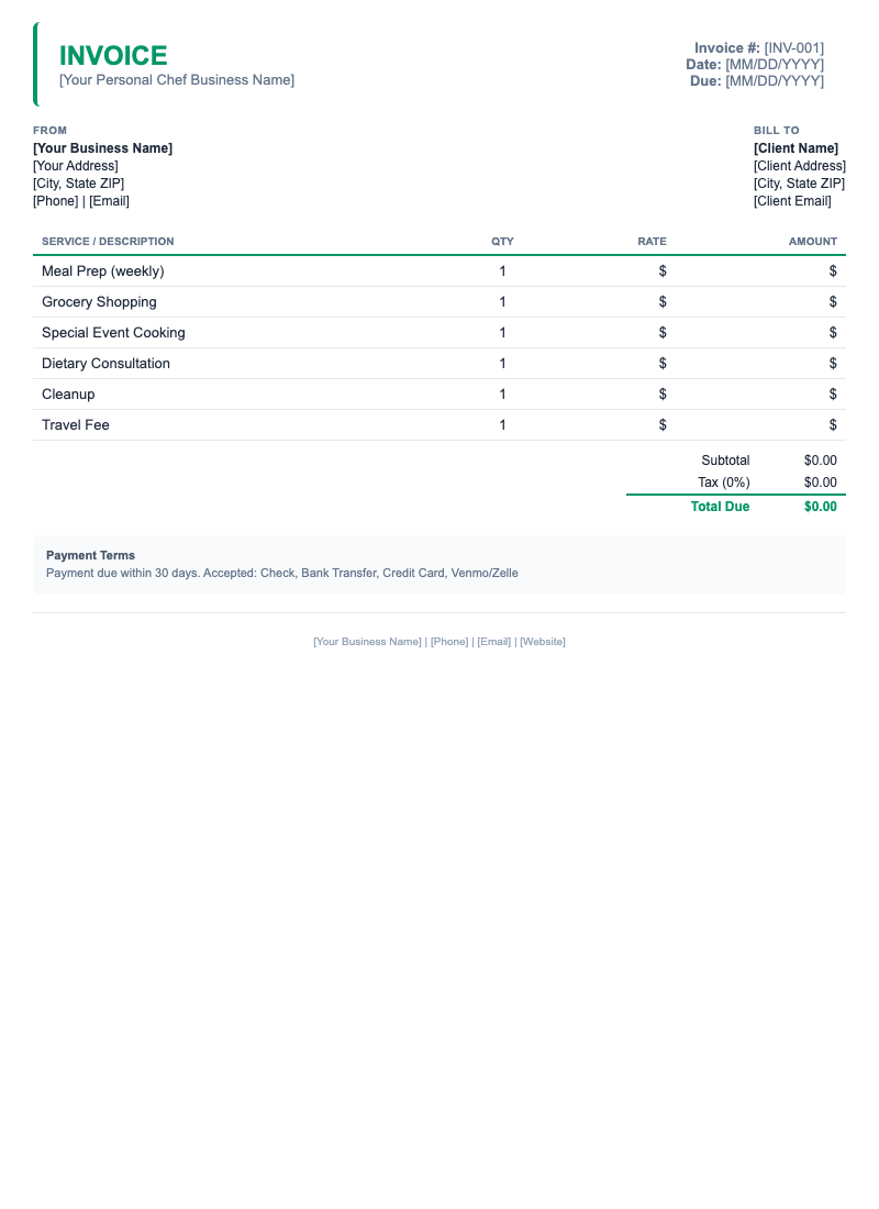 Minimal Invoice Template for Personal Chef