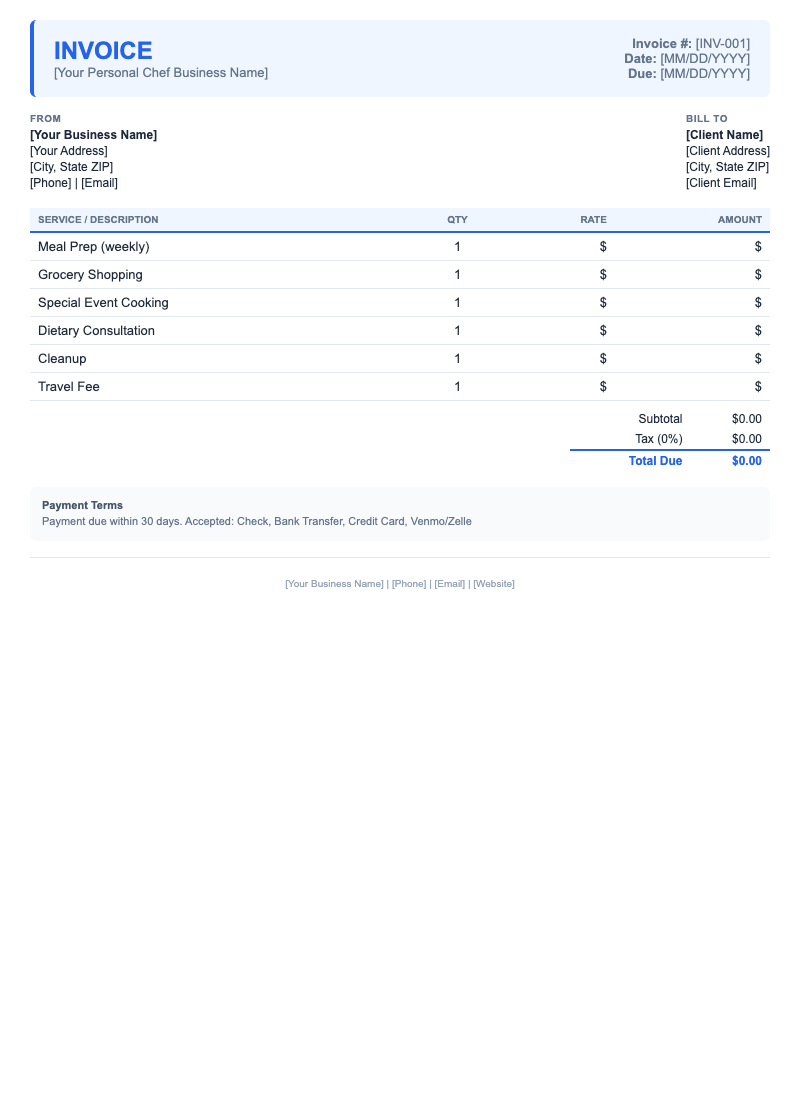 Modern Invoice Template for Personal Chef