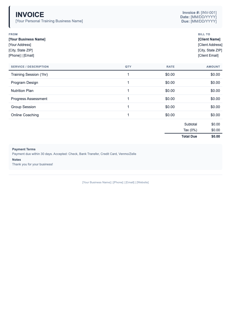 Classic Invoice Template for Personal Training