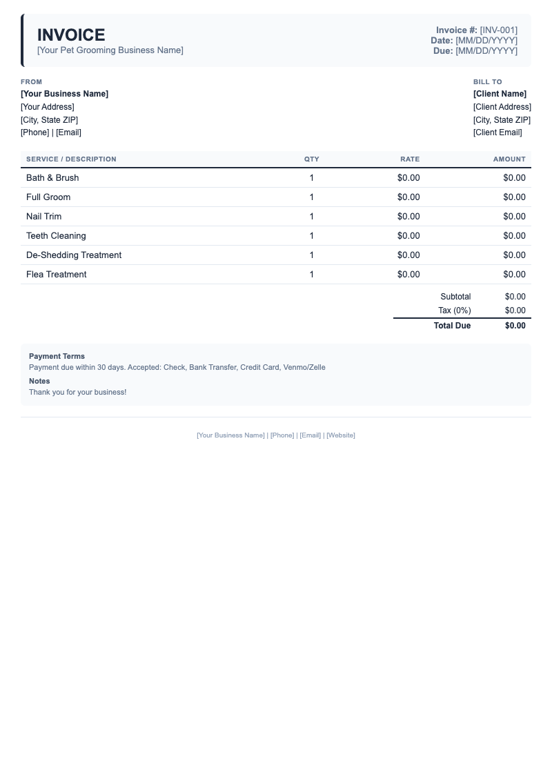 Classic Invoice Template for Pet Grooming