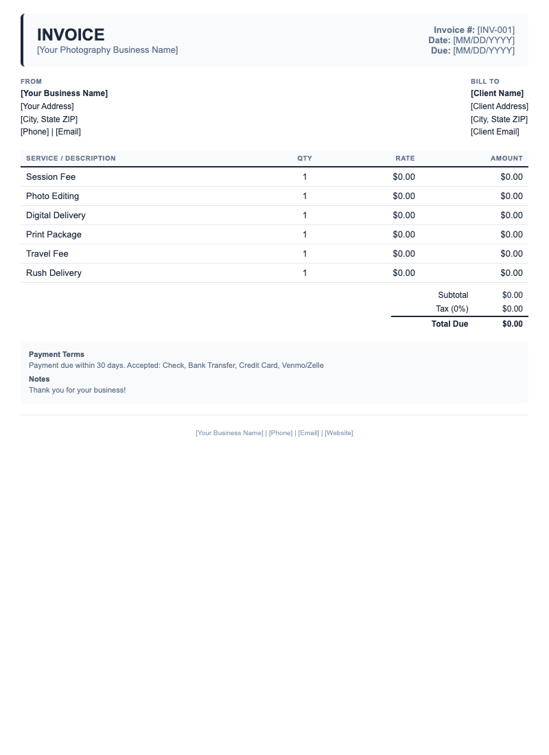 Classic Invoice Template for Photography