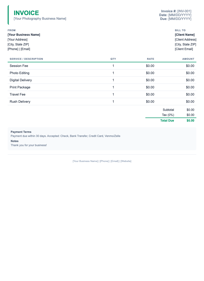 Minimal Invoice Template for Photography