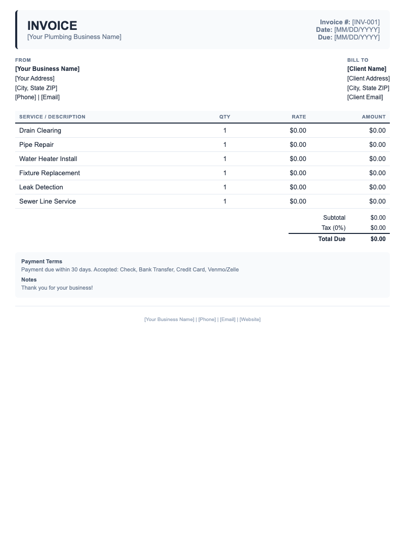 Classic Invoice Template for Plumbing