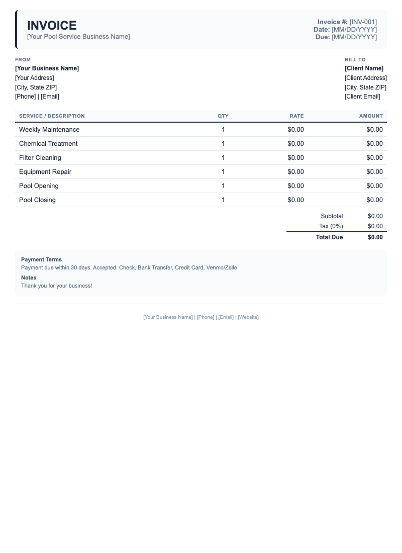 Classic Invoice Template for Pool Service