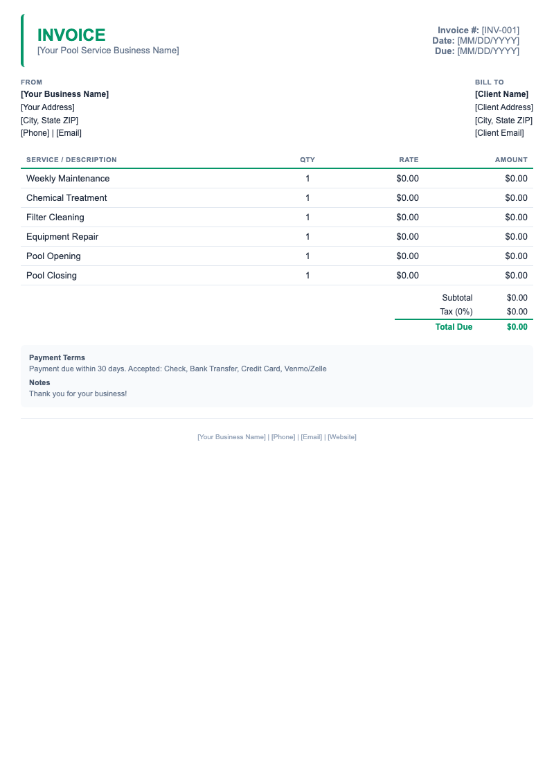Minimal Invoice Template for Pool Service