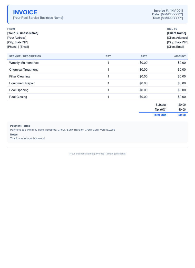 Modern Invoice Template for Pool Service