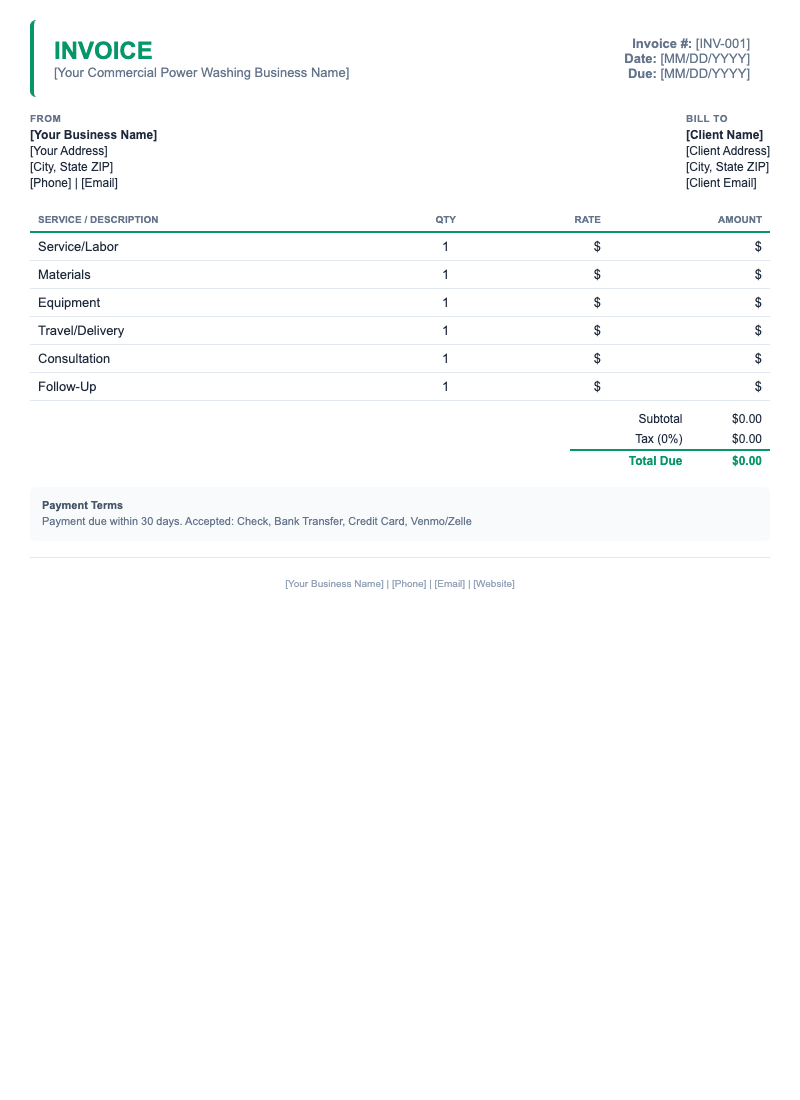 Minimal Invoice Template for Commercial Power Washing