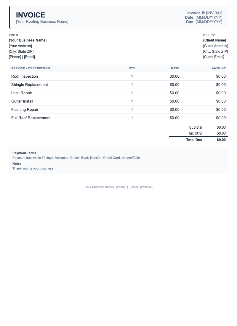 Classic Invoice Template for Roofing