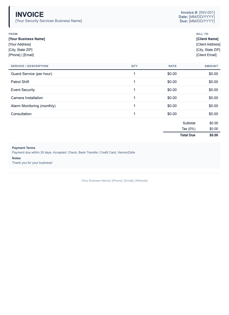 Classic Invoice Template for Security Services