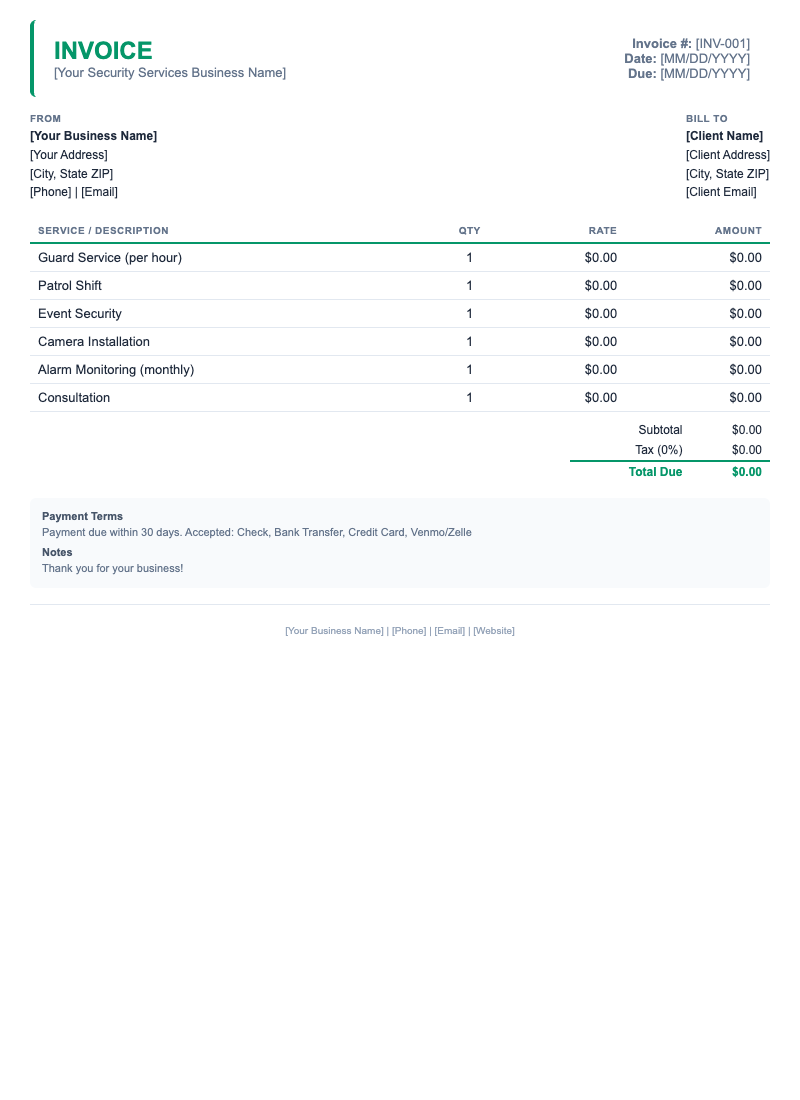 Minimal Invoice Template for Security Services