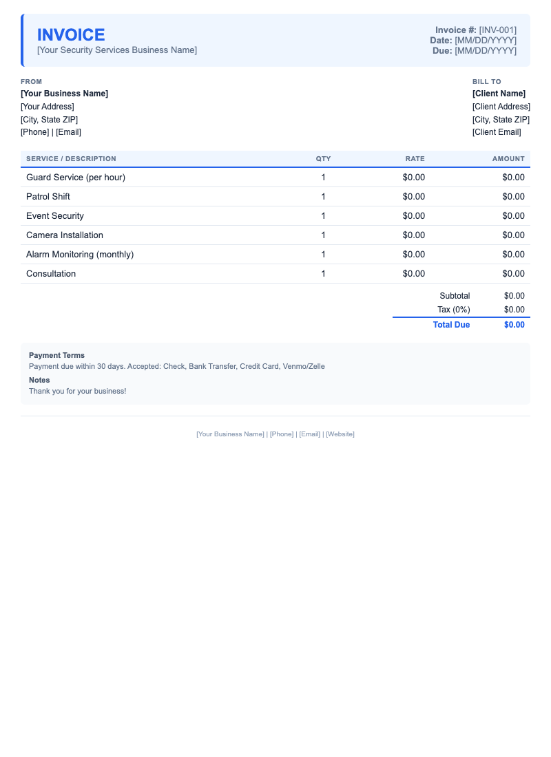 Modern Invoice Template for Security Services
