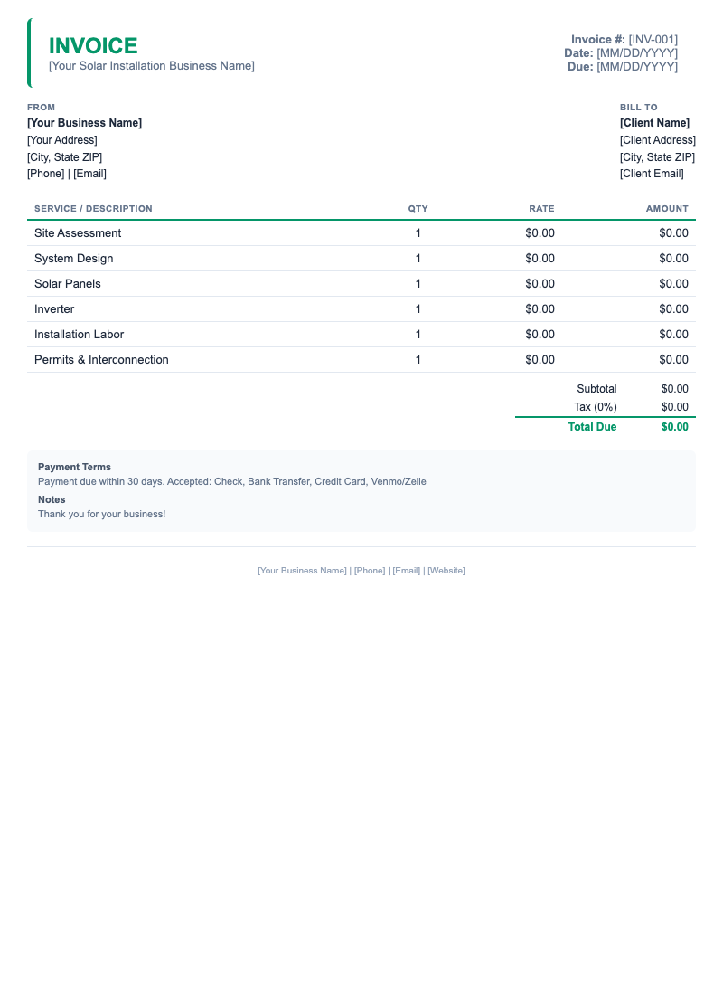 Minimal Invoice Template for Solar Installation