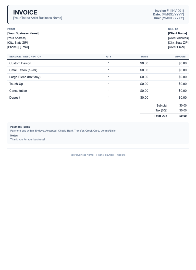 Classic Invoice Template for Tattoo Artist