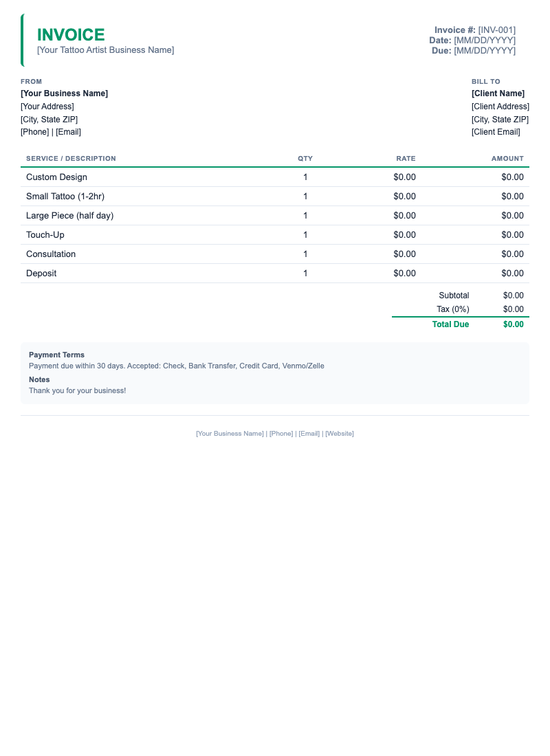 Minimal Invoice Template for Tattoo Artist
