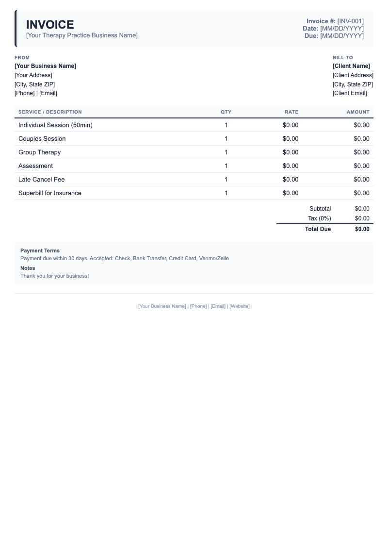 Classic Invoice Template for Therapy Practice