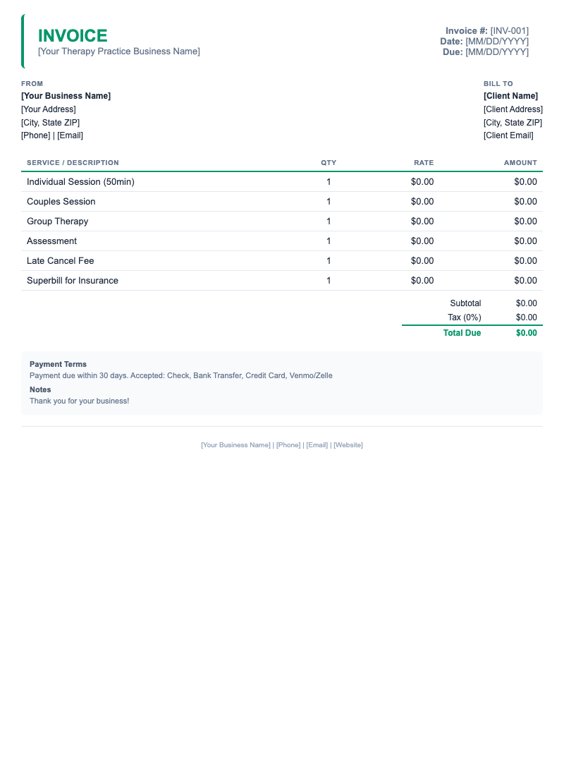 Minimal Invoice Template for Therapy Practice