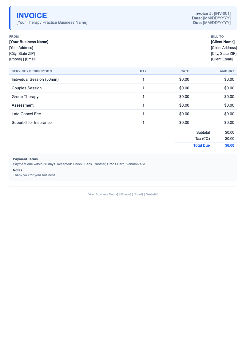 Modern Invoice Template for Therapy Practice