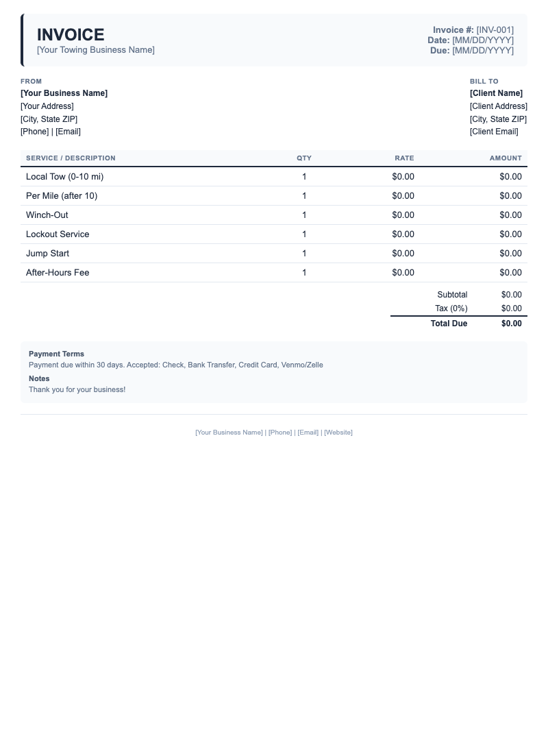 Classic Invoice Template for Towing