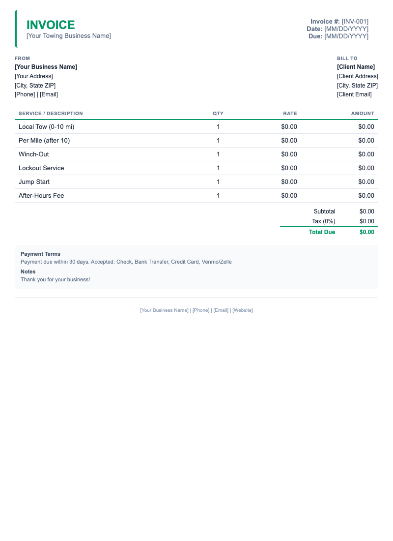 Minimal Invoice Template for Towing