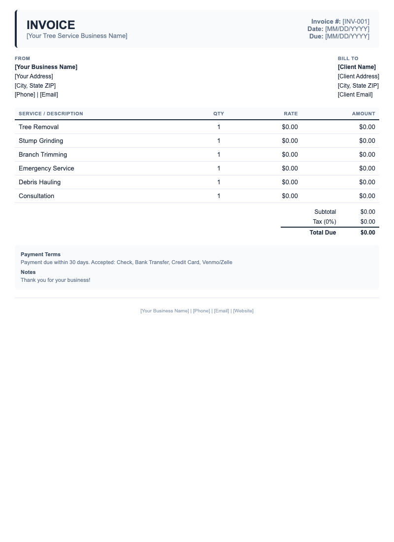 Classic Invoice Template for Tree Service