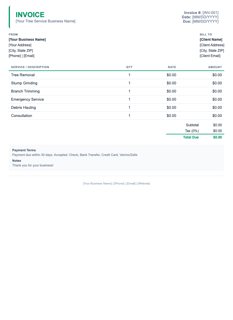Minimal Invoice Template for Tree Service