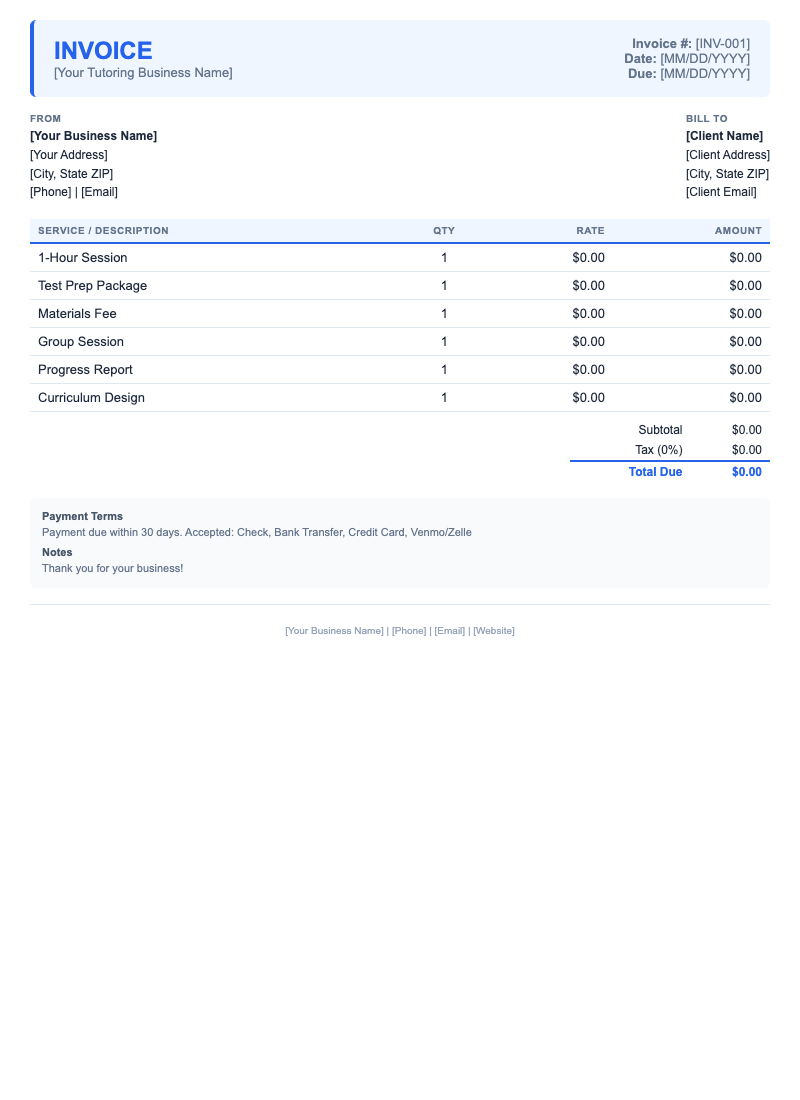 Modern Invoice Template for Tutoring