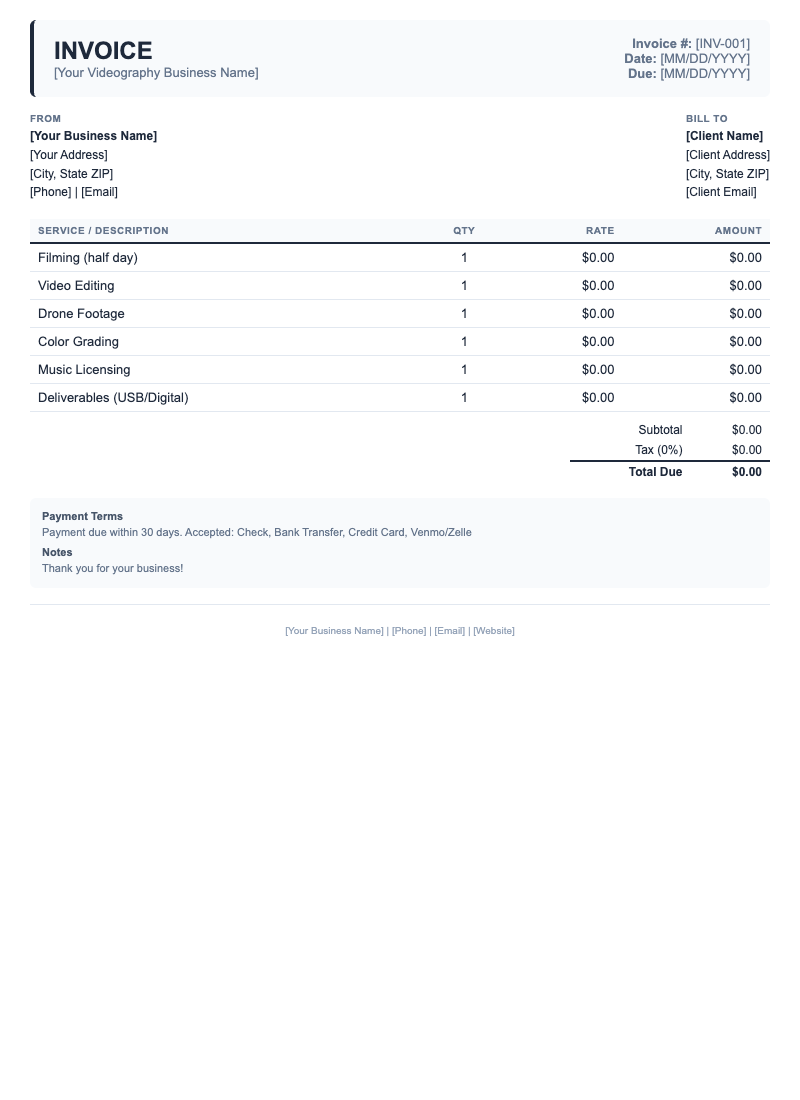 Classic Invoice Template for Videography