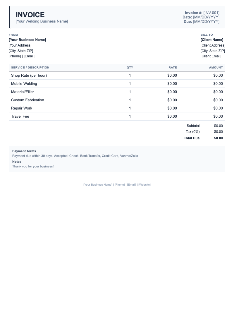 Classic Invoice Template for Welding