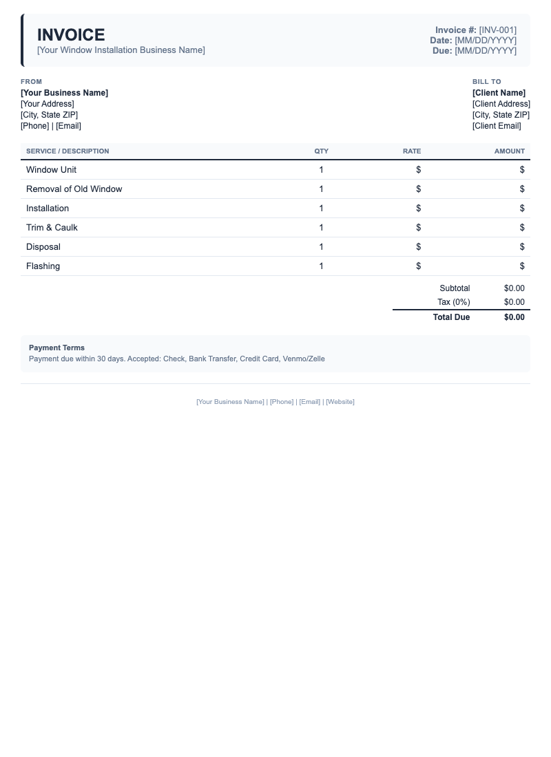 Classic Invoice Template for Window Installation
