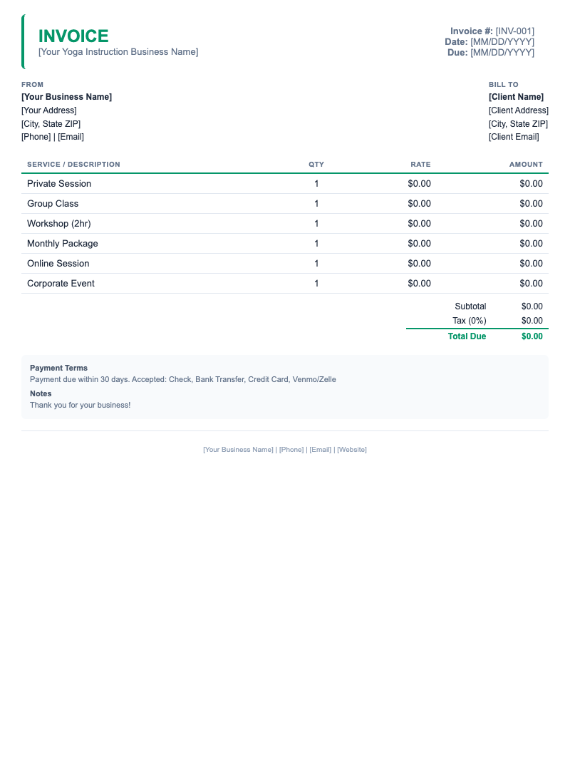 Minimal Invoice Template for Yoga Instruction